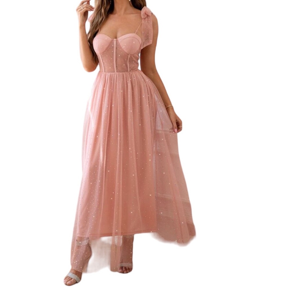 NEW! Dusty Pink Mesh Overlay Bustier Bow Tie Cami Strap, Tulle Dress | M